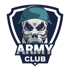 Skull in military helmet and gas mask logo