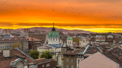 Sofia Bulgaria Beautiful sunset over Temple St. St. Cyril and Methodius against the backdrop of...