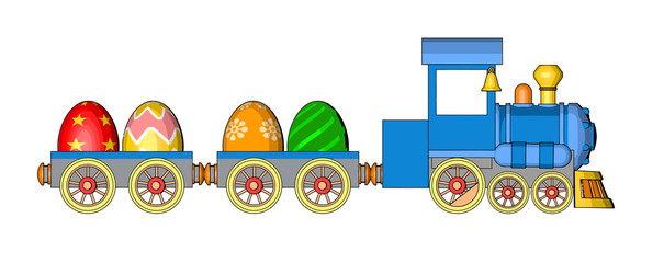 easter card toy locomotive toys railway car cartoon style blue wheel orange freight cars cargo eggs easter eggs isolated white © eddystocker