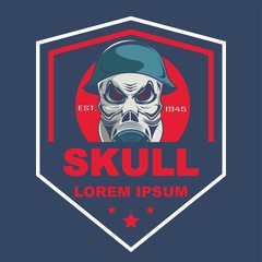 Skull in military helmet and gas mask logo