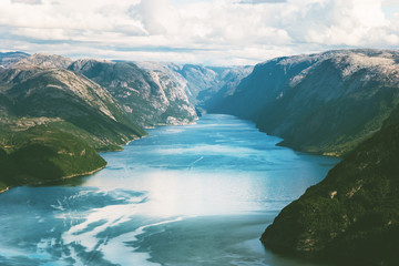 Lysefjord and Mountains Landscape aerial view in Norway beautiful destinations scenery scandinavian...