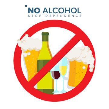 No Alcohol Sign Vector. Strike through Red Circle. Alcohol Abuse Concept. Prohibition Icon. Isolated Flat Cartoon Illustration