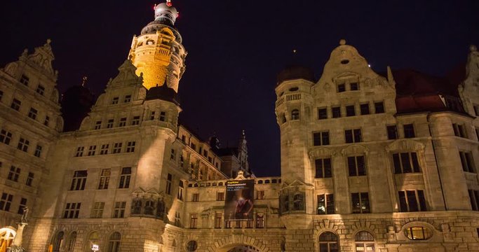 Leipzig, Germany - April 2015: Moving timelapse of New City Hall at night