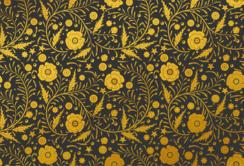 Vector Seamless floral pattern design hand drawn: Golden poppies with vintage leaves on a black background