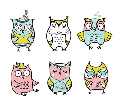Cute cartoon hand drawn owls vector set
