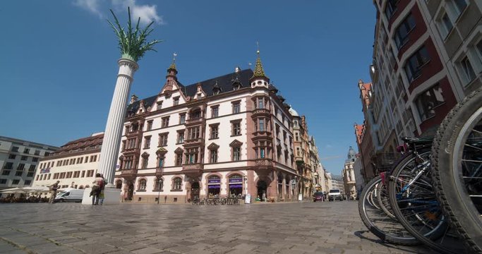 Leipzig, Germany - April 2015: Moving timelapse of old town square