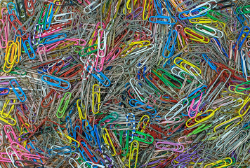 pile bunch of colorful paper clips, stationery supplies for office