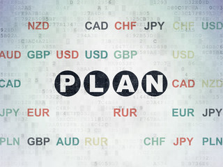 Business concept: Painted black text Plan on Digital Data Paper background with Currency