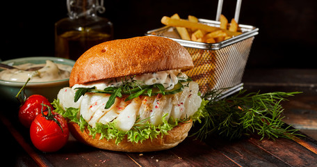 Gourmet seafood codfish burger with fish fillets