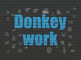 Business concept: Painted blue text Donkey Work on Black Brick wall background with  Hand Drawn Business Icons