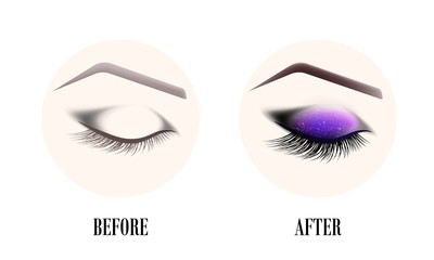 Design of eyebrows and make-up. The closed female eye before and after a make-up. A curved female eyebrow and long eyelashes. Eyelash extension, eye shine and eyebrow tattoo.