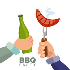 Barbecue Party Concept Vector. Cooked Hot Sausage. Hand Holding A Bottle Of Beer. Invitation Card. BBQ Grill Picnic. Isolated Flat Cartoon Illustration