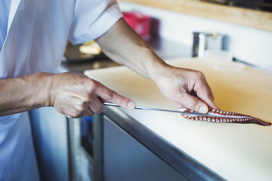 Close up of chef working at a counter at a Japanese sushi restaurant, slicing octopus tentacle.