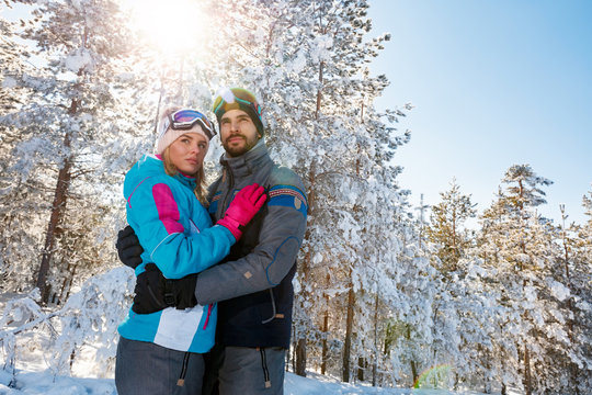 Young couple on ski vacation at mountain
