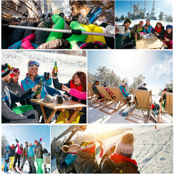 collage of winter holiday at ski resort
