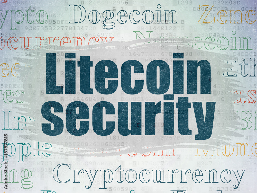 Poster blockchain concept: painted blue text litecoin security on digital data paper background with tag cl