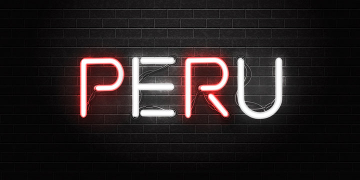 Vector realistic isolated neon sign of Peru lettering for decoration and covering on the wall background. Concept of peruvian culture.