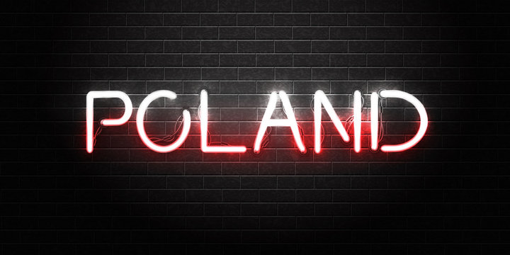 Vector realistic isolated neon sign of Poland lettering for decoration and covering on the wall background. Concept of Polish culture.