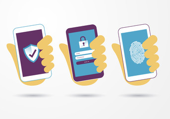 Vektor Illustration Hand hält Smartphone mit Sicherheit Schutz Geschäft Daten Informationen mit Schild und Schloß Symbol. Schützt Netzwerk, Antivirus Service, Zugang, hacken, etc.