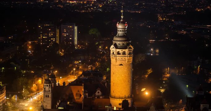 Leipzig, Germany - April 2015: Timelapse over new City Hall at night