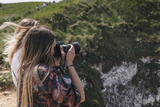 France, Seine-Maritime, Yport, female photographers at alabaster coast