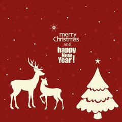 Christmas greeting card with deers on red background