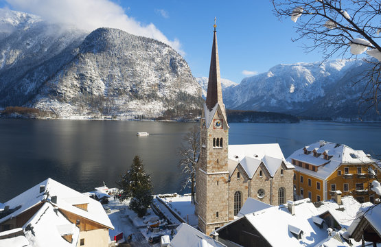 Austria, Upper Austria, Salzkammergut, Hallstatt, Lake Hallstatt, evangelic church