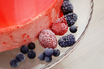 Modern Mirror Glazed Mousse Cake with Red Glaze and Berries