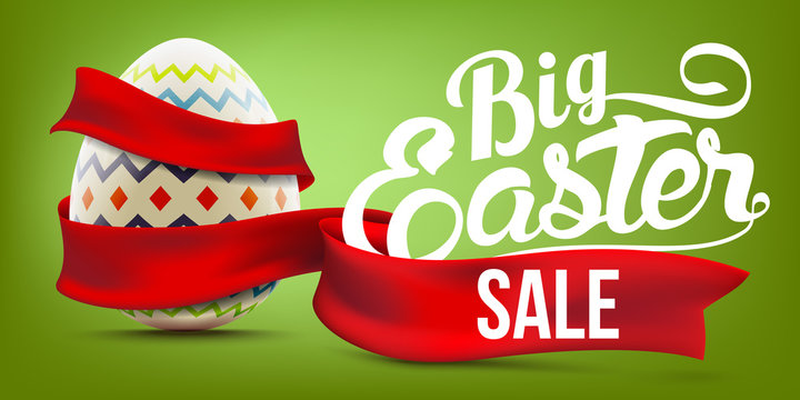 Easter sale advertising banner background with decorated egg and red ribbon realistic vector illustration