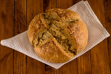 Traditional Irish Soda Bread Made For St. Patrick's Day Served On Wooden Table
