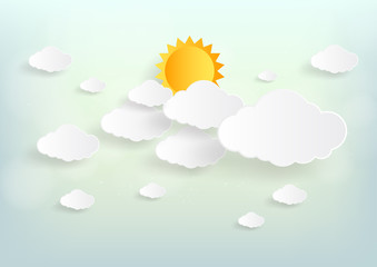 Blue sky and sun with clouds background. Paper art style. Vector illustration