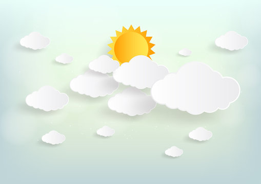 Blue Sky And Sun With Clouds Background. Paper Art Style. Vector Illustration