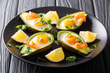 Original breakfast of avocado with egg, smoked salmon and greens close-up on a plate. horizontal