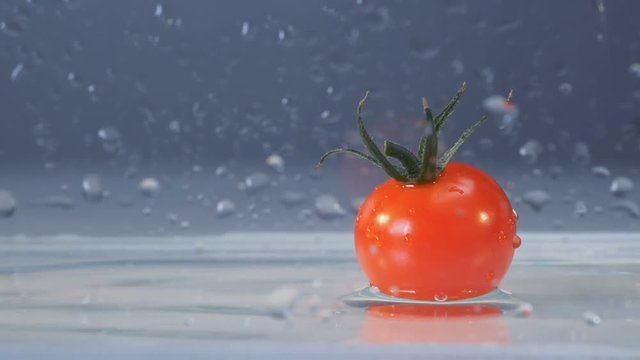 One tasty fresh tomato falls into water.
