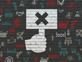 Politics concept: Painted white Protest icon on Black Brick wall background with  Hand Drawn Politics Icons