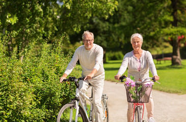 happy senior couple riding bicycles at summer park