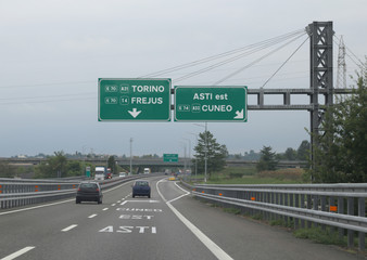 Fototapeta na wymiar Italian Road Sign to Turin in motorway
