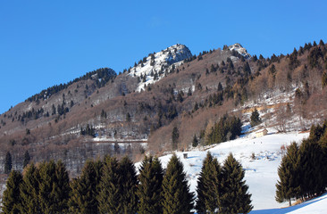 panorama mountains with white snow in winter and the peak called SPITZ in  Northern Italy