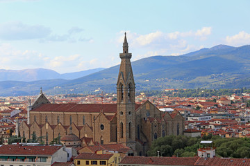 Fototapeta na wymiar Panoramic view of Church of Holy Cross in Florence called Chiesa di Santa Croce in Italian language