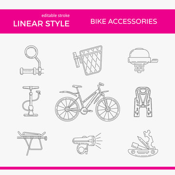 Set of vector outline icons with bicycle and accessories. Editable stroke design elements. Perfect for bike rental, store or repair business.