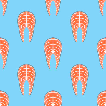 Seamless pattern with salmon steak on blue background. Vector texture.