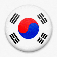 Watercolor Flag of South Korea in the form of a round button with a light glare and a shadow. The symbol of Independence Day, a souvenir, a button for switching the language on the site, an icon.