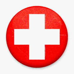 Watercolor Flag of Switzerland in the form of a round button with a light glare and a shadow. The symbol of Independence Day, a souvenir, a button for switching the language on the site, an icon.
