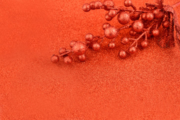 Red decorations christmas stock images. Red Berry Branche on a red background. Shiny red decoration