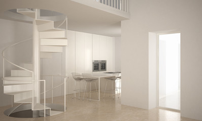 Minimalistic stair in modern empty space with kitchen in the background, white architecture interior design