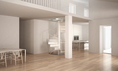 Minimalistic stair in modern empty space with kitchen in the background, white architecture interior design