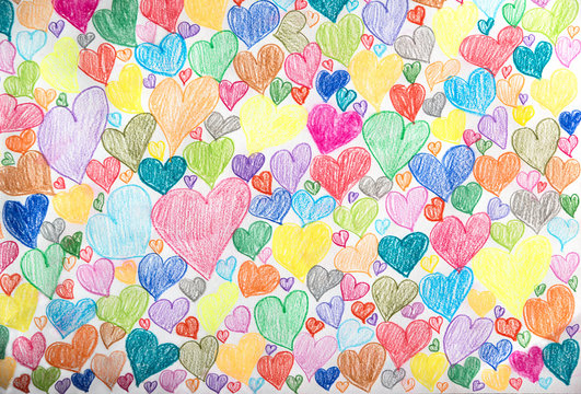 background with colorful hearts, hand drawn on rough paper