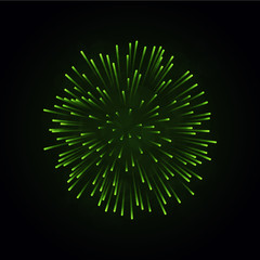 Obraz premium Beautiful green firework. Bright firework isolated on black background. Light green decoration firework for Christmas, New Year celebration, holiday, festival, birthday card. Vector illustration