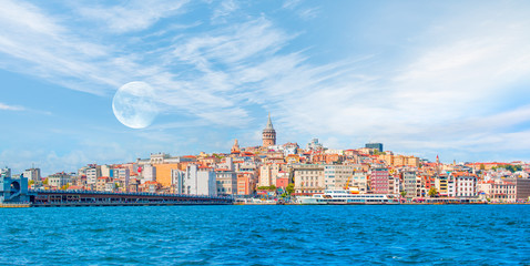 Galata Tower, Galata Bridge, Karakoy district and Golden Horn at morning, istanbul - Turkey