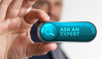 The concept of business, technology, the Internet and the network. A young entrepreneur working on a virtual screen of the future and sees the inscription: Ask an expert